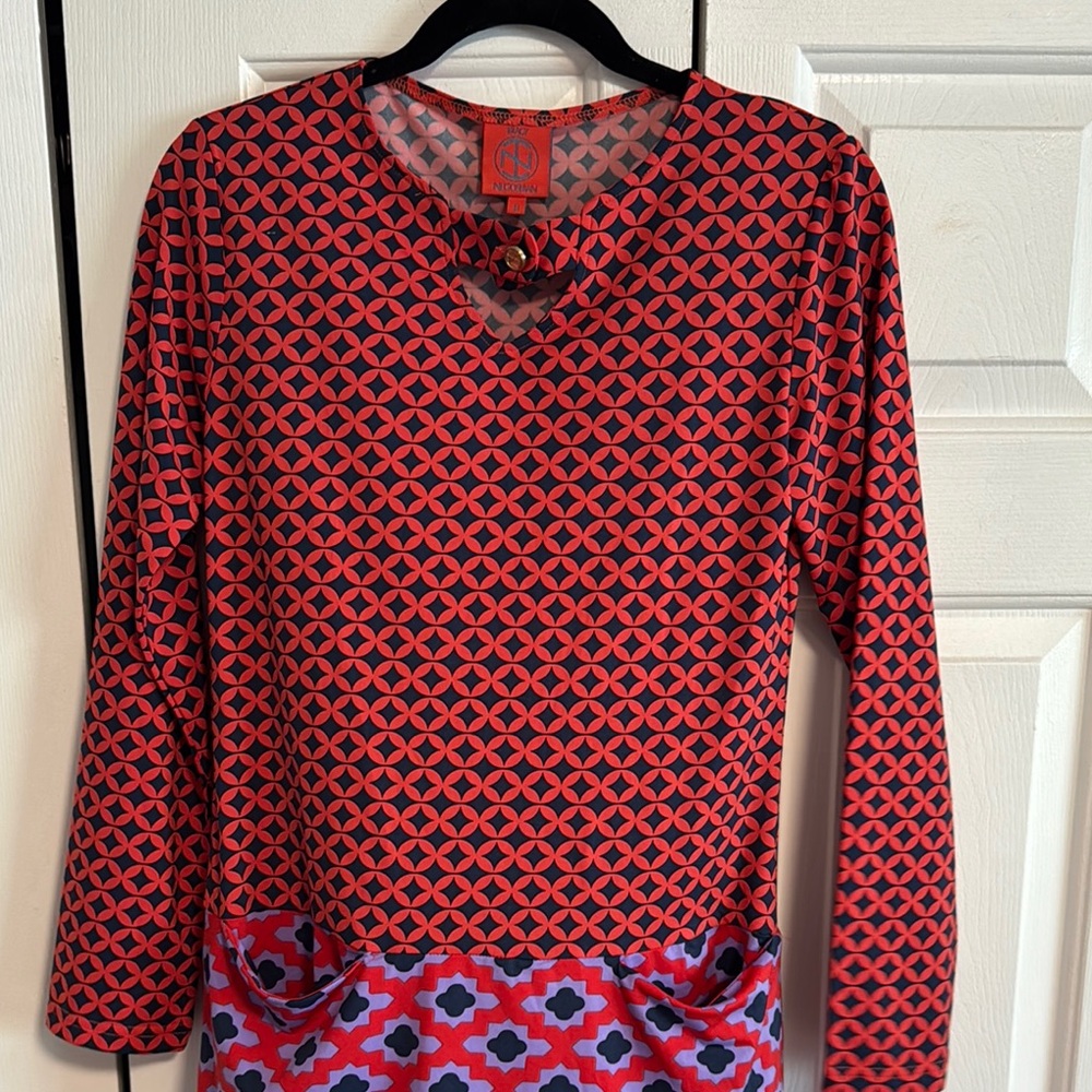 Tracy Negoshian Red and Black Patterned Long Sleeve Dress